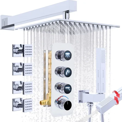 Miniatura 28 de Enga Sistema de cabezal de ducha doble, cabezal de ducha LED de lluvia de 14 x 20 pulgadas con cabezal de pared de 6 pulgadas, juego de grifo de Oro
