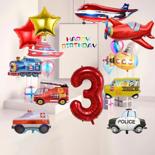 Miniatura 6 de 12 globos de transporte, camión, avión, autobús escolar, camión de bomberos, coche de policía, barco, ambulancia, submarino, globo de papel
