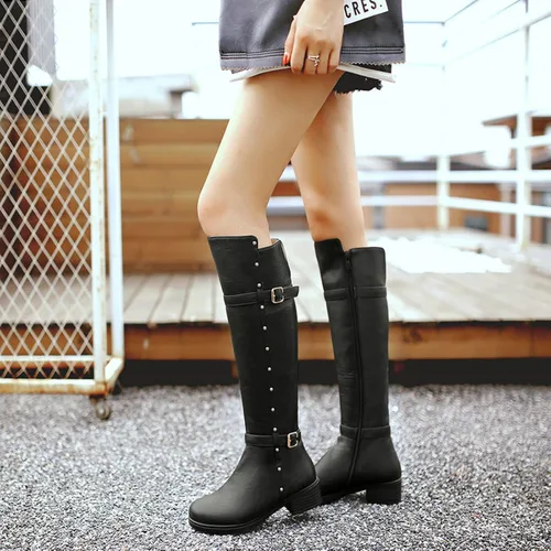 Miniatura 2 de Botas De Motociclista De Talla Grande Para Mujer, Botas Con Cremallera Lateral Y Hebilla De Tacón Alto Y Bajo Hasta La Rodilla, Botas De Moto De