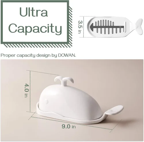 Miniatura 3 de DOWAN Mantequillera de Porcelana con Línea de Medición para Cortar, Mantequillera Grande con Forma de Ballena con Tapa de Diseño Antideslizante