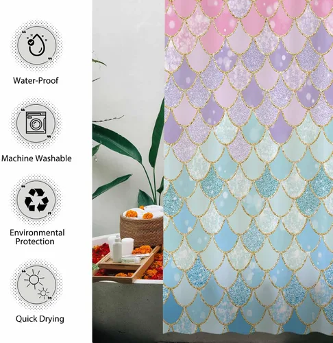 Miniatura 4 de Allenjoy Cortina de ducha con escamas de sirena de 72 x 72 pulgadas para baño, océano bajo el mar, decoración de baño rosa y azul, tela impermeable