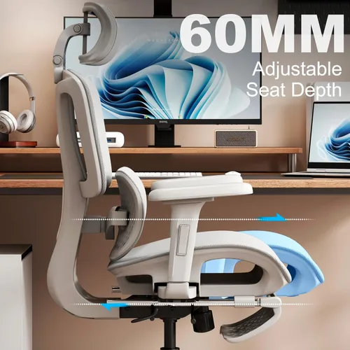 Miniatura 7 de Vonesse Silla de oficina ergonómica con reposapiés, sillas de escritorio con reposacabezas y reposabrazos ajustables 3D, silla de juegos de Gris