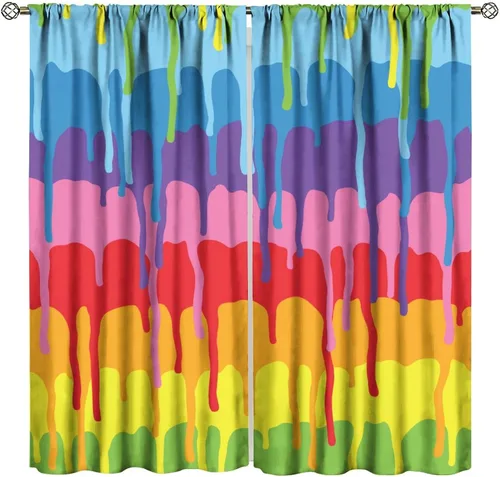 Miniatura 12 de Cortinas opacas abstractas de arco iris, pintura de color arcoíris con gotas, diseño gráfico creativo con bolsillo para barra, para sala de estar