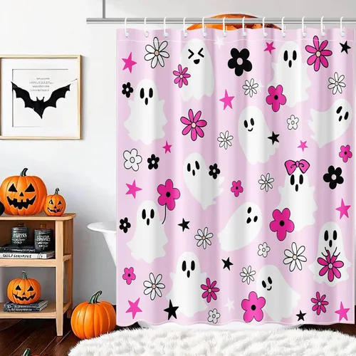 Miniatura 7 de Mocsicka Cortina de ducha rosa de Halloween, bonita decoración de baño de fantasma, cortina de ducha de fantasma floral genial, cortina de baño