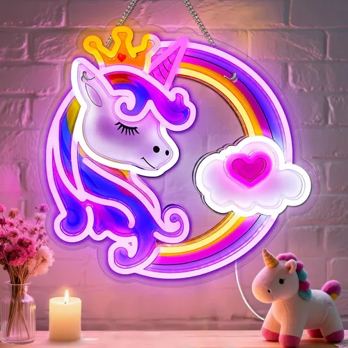 Letrero de neón de unicornio para decoración de pared, 10 luces de neón de arco iris ajustables y regulables de colores para habitación de niñas,