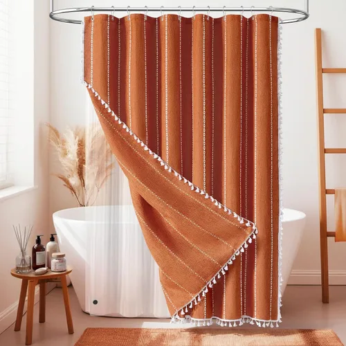 Miniatura 15 de BTTN - Cortina de ducha bohemia para cubículo de 36x72 - Juego de cortina de lino estrecha ultra gruesa con rayas y borlas, con 6 ganchos, cortinas
