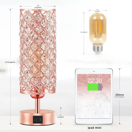 Miniatura 5 de Lámpara de mesa de cristal Hong-in - Control táctil regulable en 3 vías, lámpara de cabecera de oro rosa con puertos USB C y A, luz de mesita