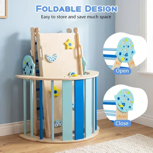 Miniatura 9 de HONEY JOY Pikler - Juego de triángulos plegables 9 en 1 con arco, rampa, cuerda de escalada y escalera, parque infantil interior para bebés, Azul