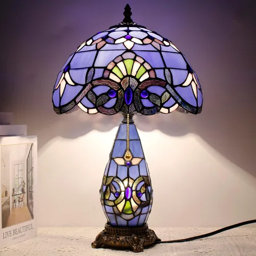 Miniatura 8 de Lámpara de Estilo Tiffany de Vidrio Manchado Azul Barroco de Mesa de 12X19 Pulgadas, Vaso Madre-Hija, Luz de Lectura para Escritorio, Decoración
