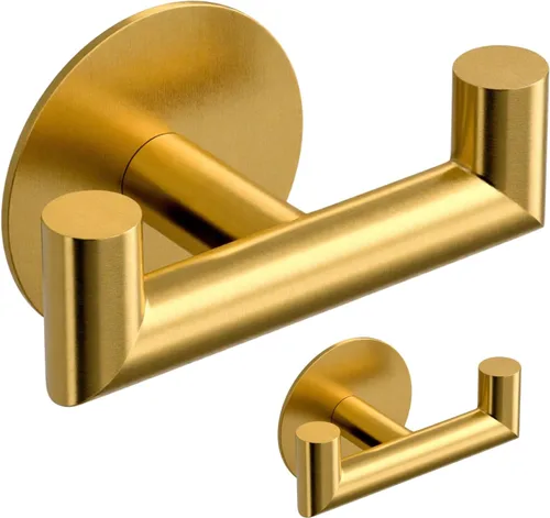 GWAAZXGZ Paquete de 2 ganchos de baño dorados cepillados para toallas, ganchos dobles autoadhesivos para pared, sin taladrar, acero inoxidable 304,