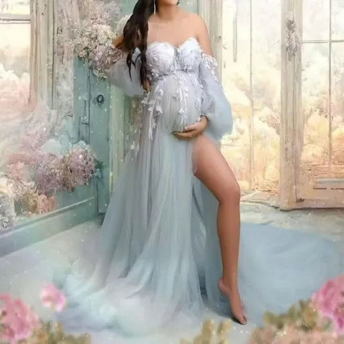 Miniatura 7 de FONGYUSHUN Vestido de maternidad de tul con apliques para sesión de fotos, manga larga hinchada, lencería nupcial, vestido de embarazo, vestido
