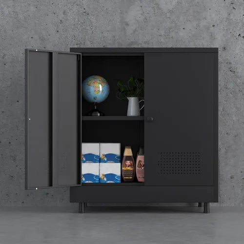 Miniatura 8 de Armario de almacenamiento de metal con 2 puertas y estante ajustable, aparador de acero para el hogar, oficina, garaje, entrada, sala de estar, Negro