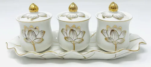 Houlu Juego de 3 tazas de altar, taza de cerámica para ofrenda de agua bendita, taza de adoración budista tibetana (blanco)