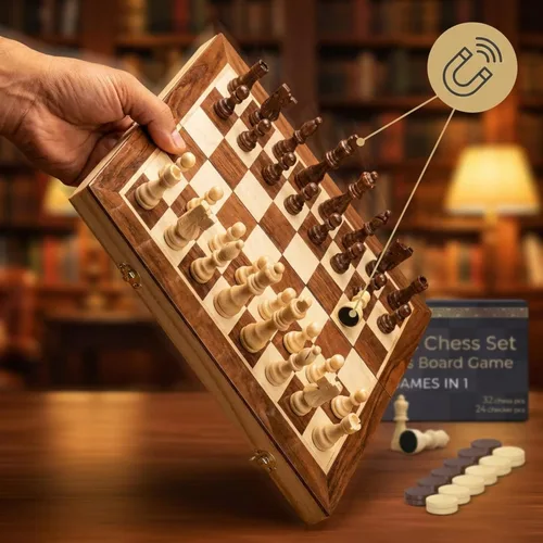 Miniatura 4 de Juego de ajedrez magnético de madera y juego de mesa de damas, tablero de ajedrez plegable de 15 pulgadas Juego de mesa 2 en 1 de madera maciza