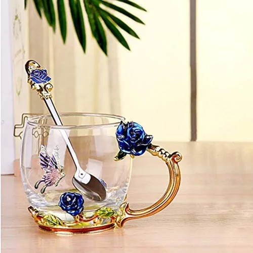 Miniatura 4 de Taza de té, regalos del día de la madre, tazas de café, tazas de café de cristal, tazas de té, hechas a mano, mariposa rosa, 12 onzas (azul) ideal
