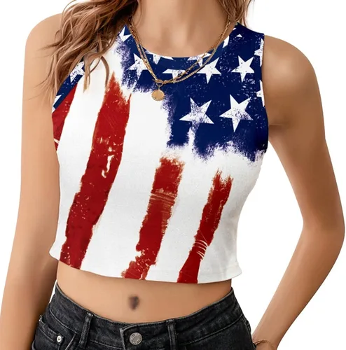Miniatura 2 de Camiseta corta con bandera estadounidense para mujer, patriótica de Estados Unidos, para el 4 de julio, sexy, expuesta, suave, para verano, sin