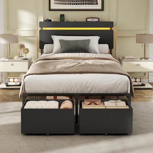 Forestell - Marcos de cama individual con cabecera de madera, cama plataforma negra con 2 cajones de almacenamiento y estante, estación de carga