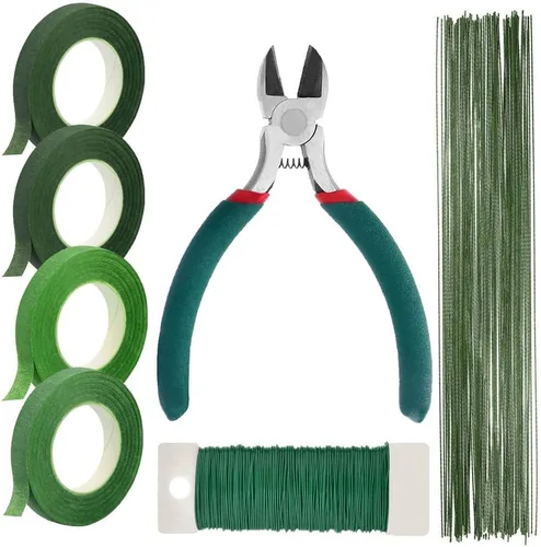 Paxcoo Kit de herramientas de cinta floral y arreglo de alambre floral con cortador de alambre, alambre de vástago de calibre 26 y alambre de paleta