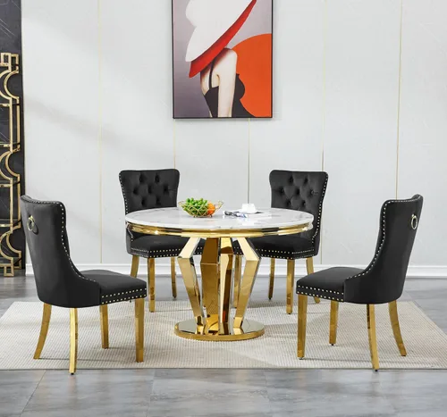 Miniatura 31 de Henf Juego de mesa de comedor redonda de mármol para 6, moderna mesa de comedor de 45 pulgadas con base de acero inoxidable con diseño de diamante