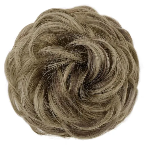 Miniatura 9 de MORICA - 1 pieza de extensiones de cabello sintético tipo moño desordenado, rizado y ondulado para mujeres (rubio cenizo y rubio más claro)