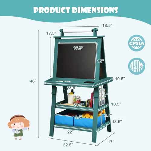 Miniatura 3 de Caballete de arte HONEY JOY para niños, caballete doble de 3 en 1 para niños pequeños de madera con pizarra blanca magnética y pizarra, rollo