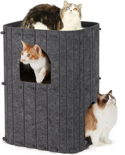 FUKUMARU Casa para Gatos de Interior, Cama Cueva Grande para Gatos de 2 Pisos, Túnel Condo Escondite Acogedor Cubierto de Fieltro para Múltiples