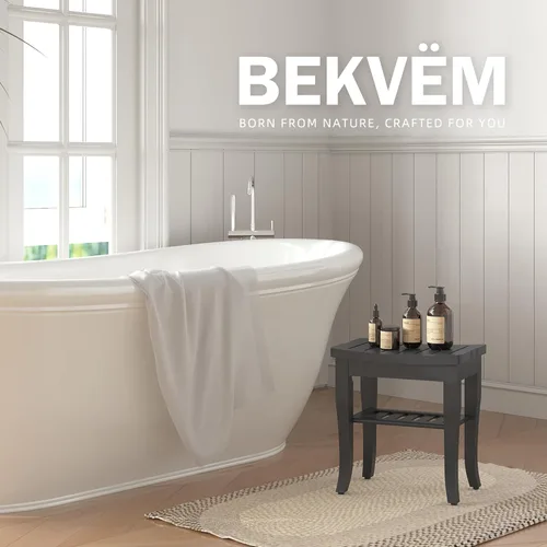Miniatura 3 de Banco de ducha de bambú, taburete de ducha pequeño de spa para ducha interior, impermeable, asiento de baño con estante de almacenamiento para Negro