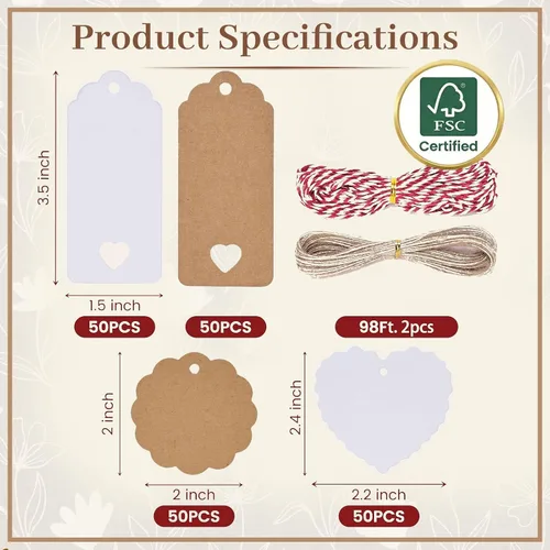 Miniatura 6 de SallyFashion Paquete de 200 etiquetas de regalo con cuerda adjunta, 3 diseños diferentes, etiquetas en blanco y marrón, etiquetas de regalo