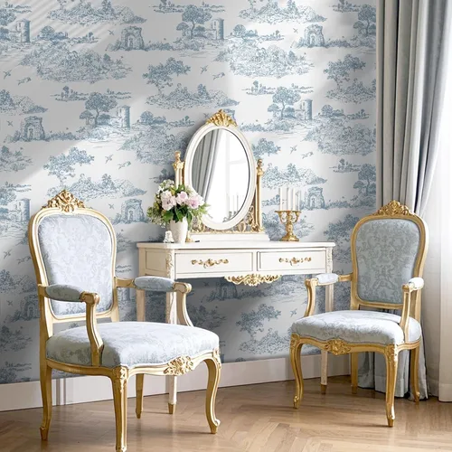 Miniatura 6 de WENMER Toile de Jouy - Papel de contacto Toile de Jouy, papel tapiz azul y blanco, papel adhesivo vintage de país francés para dormitorio, sala