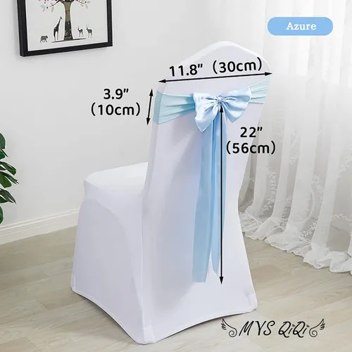 Miniatura 2 de Paquete de 100 bandas de elastano para silla, lazos de satén de color azul para bodas, eventos, banquetes, hoteles, hogar y cocina, 100