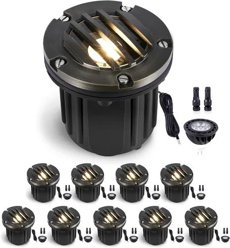 Gardenreet - Luces de pozo LED de latón - Iluminación en tierra de bajo voltaje para todo clima, luz cableada reemplazable de 12V, bronce antiguo