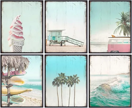 Póster rústico vintage náutico de océano para decoración de casa de playa, juego de decoración del hogar, arte de pared de verano tropical de 6 a 8