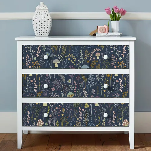 Miniatura 4 de Papel tapiz bohemio para despegar y pegar, papel tapiz autoadhesivo extraíble de vinilo de hongos azules para decoración de dormitorio, 17.3 x 236