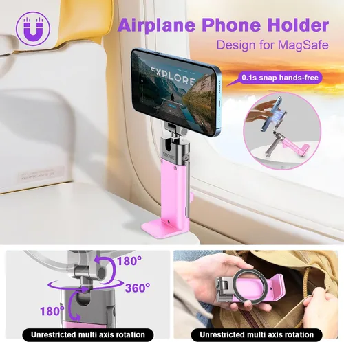 Miniatura 2 de Soporte de teléfono para avión, artículos esenciales de viaje para mujeres, soporte magnético para teléfono para MagSafe, imán fuerte N55, giratorio