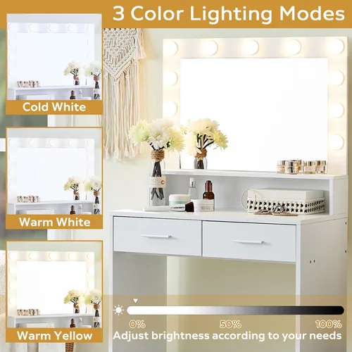 Miniatura 2 de MIRROTOWEL Escritorio de tocador con espejo y luces, tocador con cajón grande, cómoda de almacenamiento de 2 niveles y 3 modos de iluminación