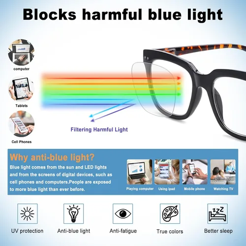 Miniatura 3 de Paquete de 6 lentes de lectura de moda para mujeres y hombres, bloqueo de luz azul, lectores cuadrados de gran tamaño con bisagra de resorte Paquete