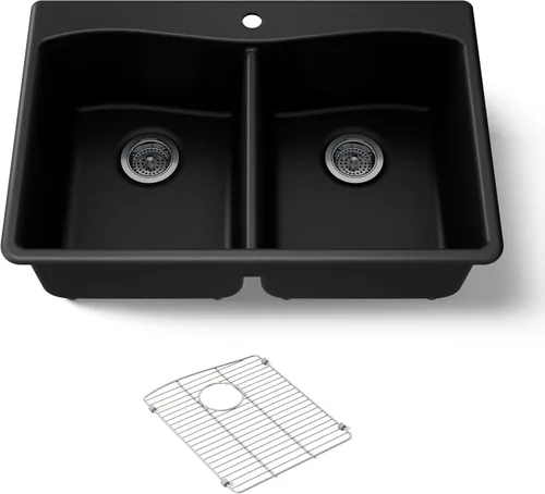 Miniatura 12 de KOHLER 28003-1-CM1 Kennon® - Fregadero de cocina de 25 pulgadas de montaje superior o inferior, incluye estante para fregadero, color negro mate