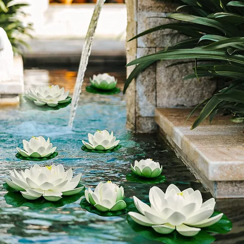 Miniatura 5 de 16 flores flotantes artificiales para piscina, 7 y 4 pulgadas, almohadillas de lirio de agua falsas, flores de loto, decoraciones flotantes