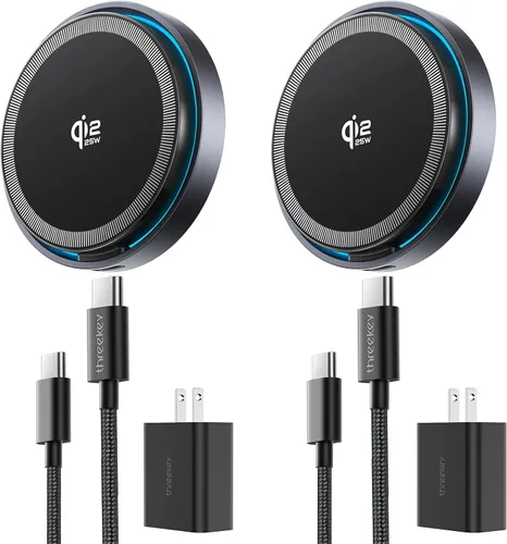 THREEKEY Para cargador MagSafe, paquete de 2 almohadillas de carga rápida Qi2 de 25 W con ventilador de enfriamiento, cargador inalámbrico magnético