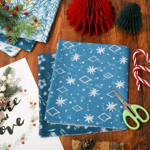 Miniatura 4 de Whaline Paquete de 12 piezas de tela de algodón blanco y azul, acuarela, Navidad, cuartos gordos de Navidad, hojas de copo de nieve blancas