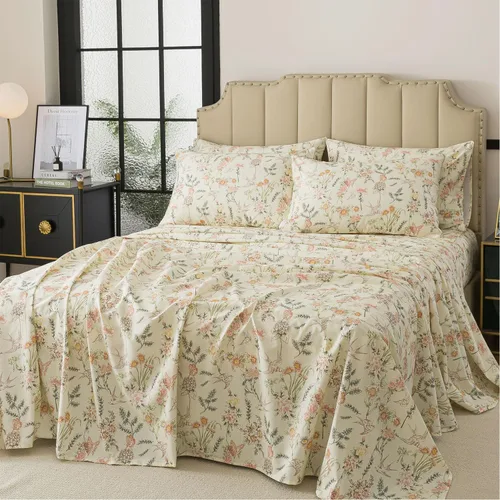 Miniatura 32 de FADFAY Juego de sábanas tamaño King, 100% algodón, elegante ropa de cama de granja con hojas verdes menta y flores blancas, sábana suave
