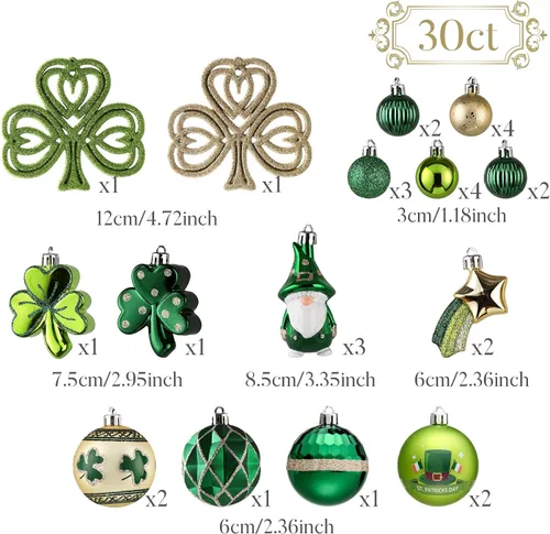 Miniatura 3 de Valery Madelyn Decoraciones del día de San Patricio, adorno de árbol de trébol, 30 piezas de esferas colgantes, decoración de gnomo para festival