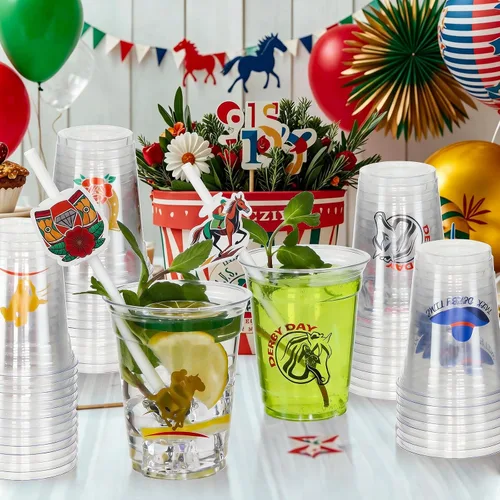 Miniatura 6 de MUOUAKATE Copas Derby desechables de plástico a granel, paquete de 100 vasos de 12 onzas Derby Clear Julep con pajitas de plástico y tarjetas