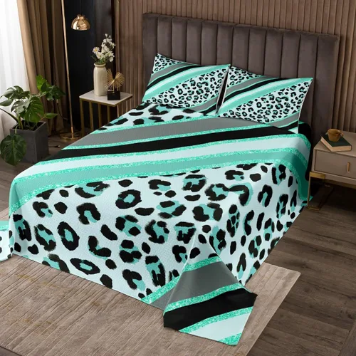 Miniatura 6 de Juego de colcha con lazo para niños, tamaño individual, diseño de cebra y leopardo con purpurina, decoración de habitación para niñas y mujeres