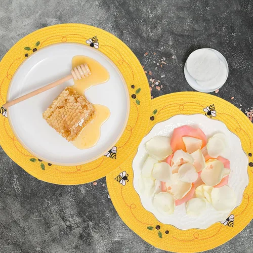 Miniatura 5 de Whaline 4 piezas de manteles redondos con diseño de abeja y girasol bordados, manteles florales para mesa de comedor en casa, para primavera