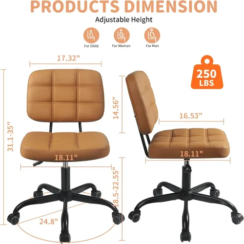 Miniatura 2 de Silla de escritorio de oficina en casa sin brazos – Pequeñas sillas giratorias de escritorio de oficina con ruedas – Silla de computadora de piel