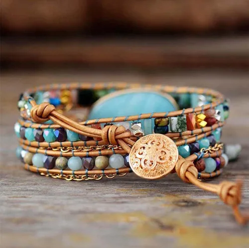 Miniatura 3 de ZOSOJONA Pulsera envolvente para mujer, estilo bohemio, con cuentas de cristal de jaspe natural, Cuero, Ágata