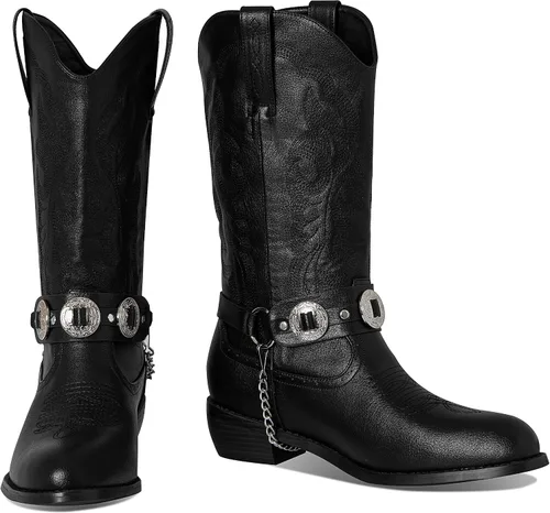 Miniatura 6 de Botas vaqueras para hombre, botas de tacón grueso bloqueado con correa Chonco cosidas, botas occidentales cerradas, punta redonda, botas bordadas a