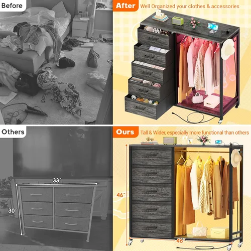 Miniatura 6 de Cyclysio Cómoda con estante para colgar, 5 cajones de tela con perchero, cómoda de almacenamiento superior de madera con estación de carga y luces