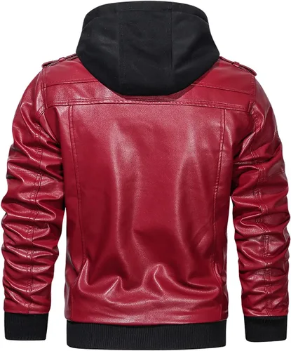 Miniatura 3 de Hood Crew - Chaqueta bomber para hombre, casual, con cuello alto, cazadora de moto, de piel sintética de poliuretano, con cremallera y capucha